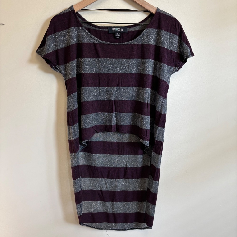 TELA Purple Silver Metallic Striped High Low Tunic Top Y2K XS